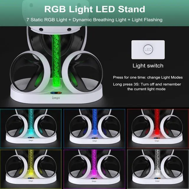 Alt view image 3 of 7 - RGB Charging Stand & Storage Station for PlayStation VR2 - White | Fast PS5 VR2 Controller Charger Dock, Multifunctional Charging Station for PSVR2 Headset Accessories, 10 RGB Light of Memory