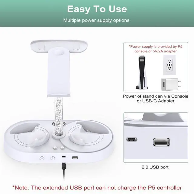 Alt view image 5 of 7 - RGB Charging Stand & Storage Station for PlayStation VR2 - White | Fast PS5 VR2 Controller Charger Dock, Multifunctional Charging Station for PSVR2 Headset Accessories, 10 RGB Light of Memory