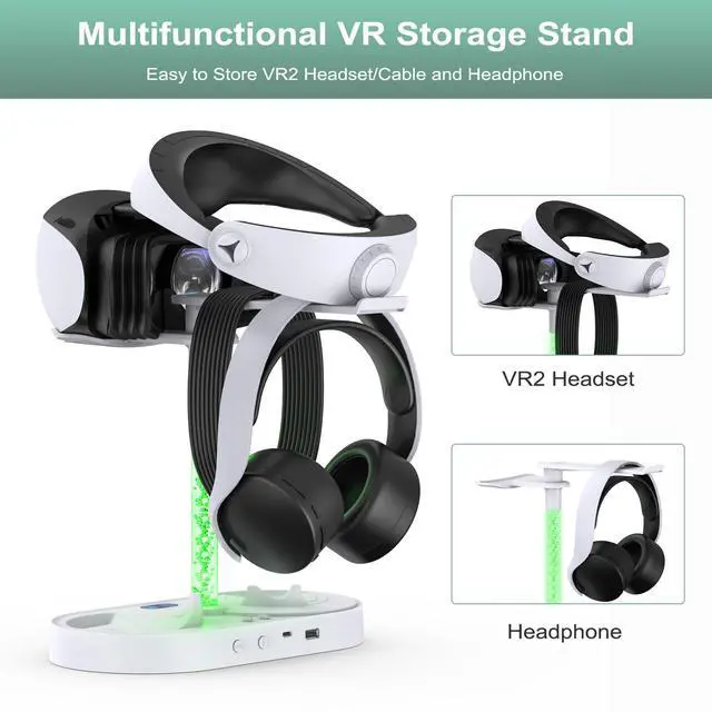 Alt view image 6 of 7 - RGB Charging Stand & Storage Station for PlayStation VR2 - White | Fast PS5 VR2 Controller Charger Dock, Multifunctional Charging Station for PSVR2 Headset Accessories, 10 RGB Light of Memory