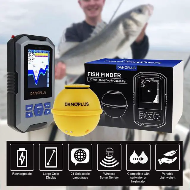 Alt view image 2 of 7 - Portable Fish Finder Large HD Display Wireless Depth Finders for Boats with 147 feet Depth Detection Sensor, Rechargeable Castable Fish Finder Display Fish, Temp