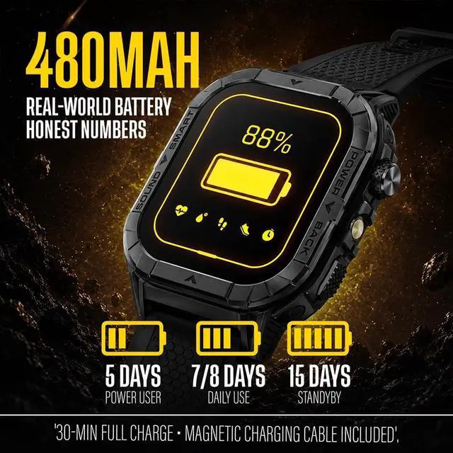 Alt view image 3 of 7 - Echo Smartwatch for Men, Tactical Square Smart Watch, 2.13 Inch AMOLED Big Face Display, 480mAh, Built-in Flashlight, Compass, Bluetooth Calling, IP68 Water Resistant