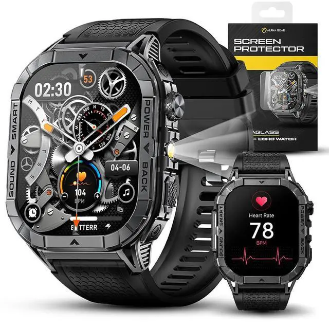 Main image of Echo Smartwatch for Men, Tactical Square Smart Watch, 2.13 Inch AMOLED Big Face Display, 480mAh, Built-in Flashlight, Compass, Bluetooth Calling, IP68 Water Resistant