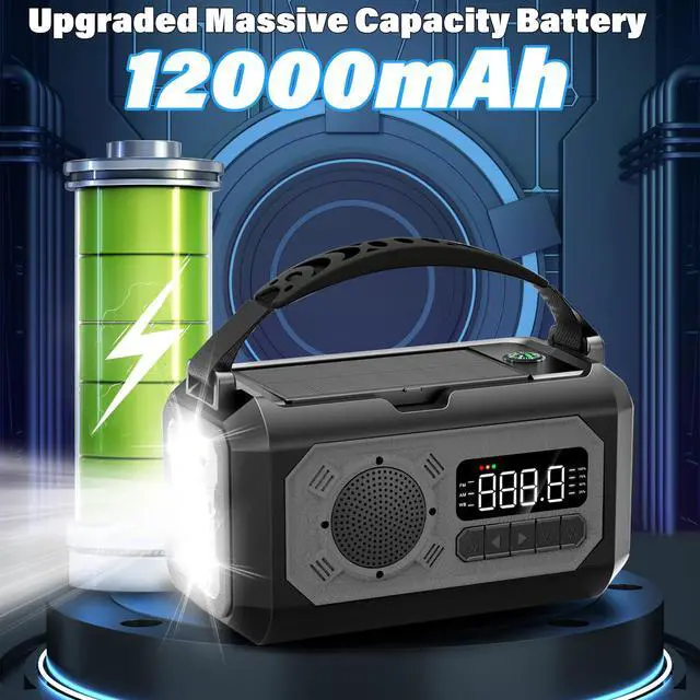 Alt view image 3 of 6 - 12000mAh Emergency Weather Radio, Hand Crank Solar Radio Portable AM/FM/NOAA Radio with 2 Solar Panels 3 Charging Methods SOS Alarm 3 Mode Flashlight Phone Charger Compass Reading Lamp