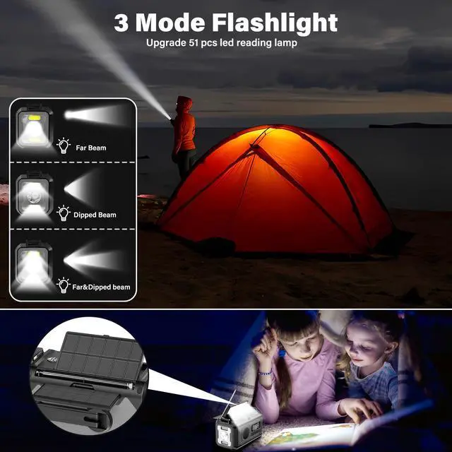Alt view image 6 of 6 - 12000mAh Emergency Weather Radio, Hand Crank Solar Radio Portable AM/FM/NOAA Radio with 2 Solar Panels 3 Charging Methods SOS Alarm 3 Mode Flashlight Phone Charger Compass Reading Lamp