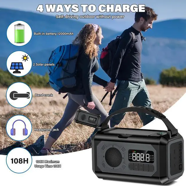 Alt view image 5 of 6 - 12000mAh Emergency Weather Radio, Hand Crank Solar Radio Portable AM/FM/NOAA Radio with 2 Solar Panels 3 Charging Methods SOS Alarm 3 Mode Flashlight Phone Charger Compass Reading Lamp