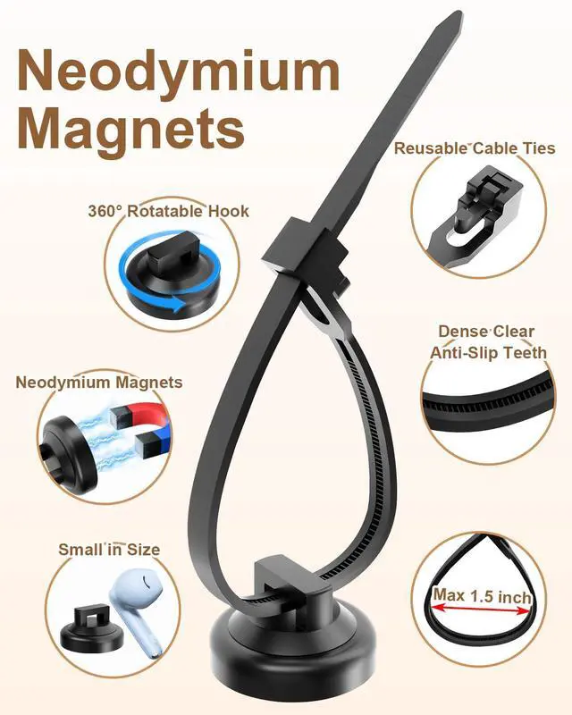 Alt view image 3 of 6 - 130 Pcs Magnetic Cable Zip Tie Mounts(30 Strong Neodymium Magnets & 100 Releasable Nylon Cable Ties)19 mm Multipurpose Wire Holder Management for Electrical Wiring Organization Supplies