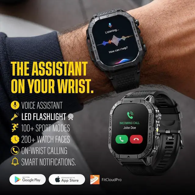Alt view image 4 of 7 - Echo Smartwatch for Men, Tactical Square Smart Watch, 2.13 Inch AMOLED Big Face Display, 480mAh, Built-in Flashlight, Compass, Bluetooth Calling, IP68 Water Resistant