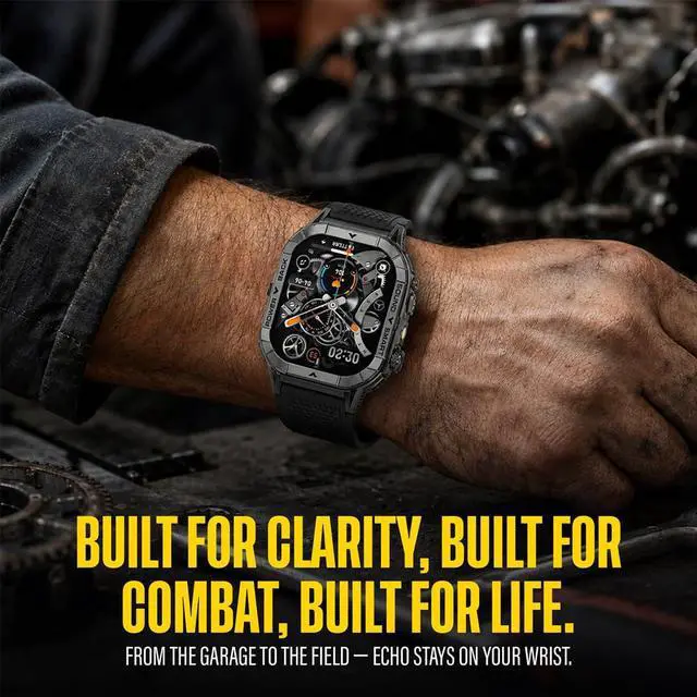 Alt view image 6 of 7 - Echo Smartwatch for Men, Tactical Square Smart Watch, 2.13 Inch AMOLED Big Face Display, 480mAh, Built-in Flashlight, Compass, Bluetooth Calling, IP68 Water Resistant