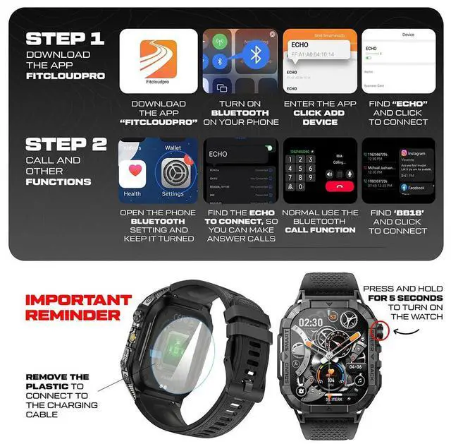 Alt view image 7 of 7 - Echo Smartwatch for Men, Tactical Square Smart Watch, 2.13 Inch AMOLED Big Face Display, 480mAh, Built-in Flashlight, Compass, Bluetooth Calling, IP68 Water Resistant