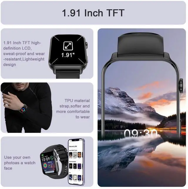 Alt view image 2 of 7 - Smart Watches for Men, 1.91" AMOLED Men's Fitness Watch with 2026 Upgrade LED Flashligh, 7-Day Battery, IP68 Waterproof, 24/7 Heart Rate/Sleep Monitor, 120+ Workout Modes for Android iPhone(2 Bands)