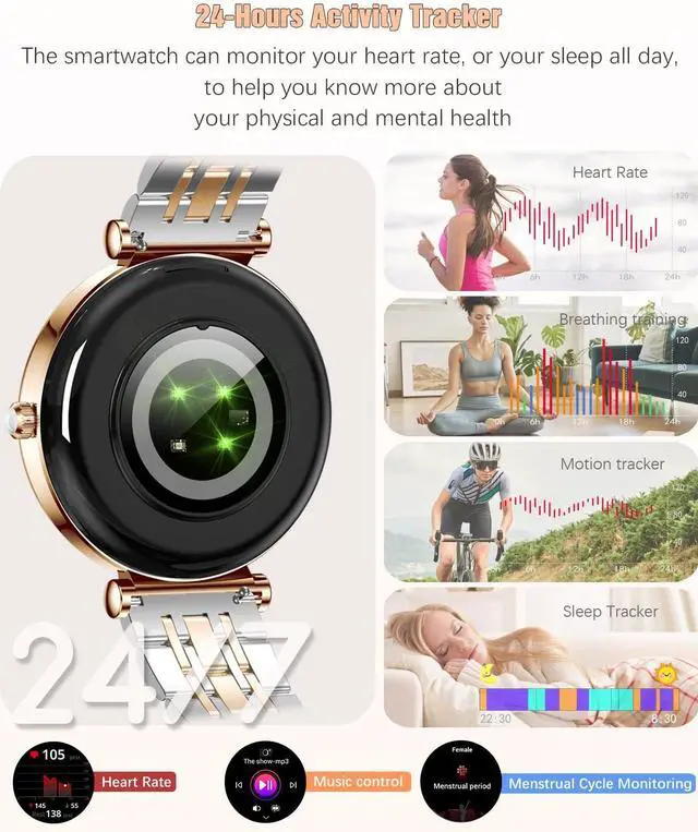 Alt view image 3 of 5 - Smart Watch for Women 1.27" Color Screen Waterproof Fitness Activity Tracker Rose Gold Women's Smart Watch with Heart Rate Sleep Monitor for Android and iOS (Two-Tone Rose Gold Steel RT-i109)