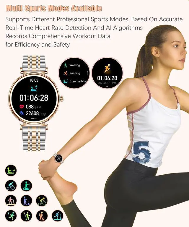 Alt view image 5 of 5 - Smart Watch for Women 1.27" Color Screen Waterproof Fitness Activity Tracker Rose Gold Women's Smart Watch with Heart Rate Sleep Monitor for Android and iOS (Two-Tone Rose Gold Steel RT-i109)