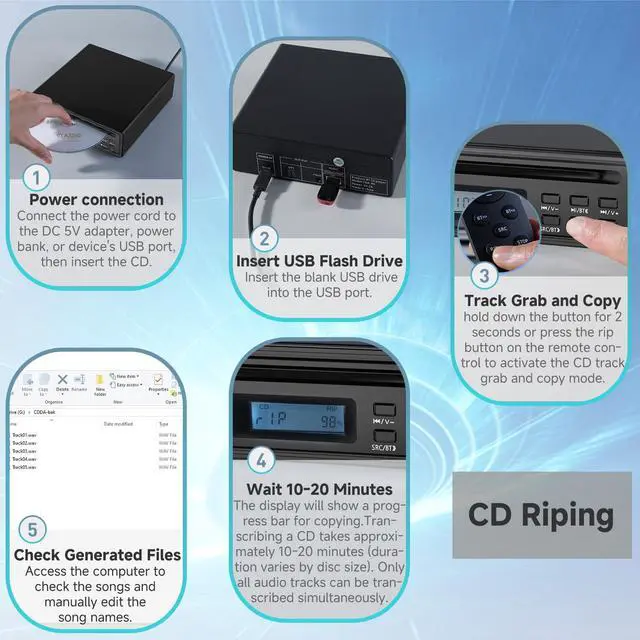 Alt view image 2 of 7 - Portable Bluetooth CD Player for Home CD Ripper Hi-Fi Audio CD Player Desktop CD Players Optical and AUX OutputLossless Sound Quality (Black)