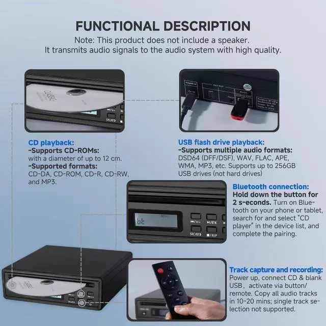 Alt view image 3 of 7 - Portable Bluetooth CD Player for Home CD Ripper Hi-Fi Audio CD Player Desktop CD Players Optical and AUX OutputLossless Sound Quality (Black)
