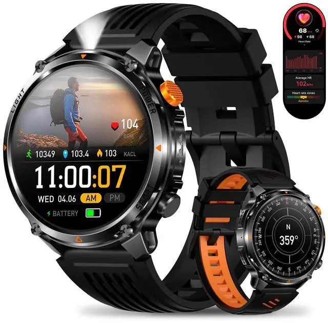 Main image of MIlitary Smart Watch with Compass/Flashlight for Android & iPhone (2 Bands) | 100 Days Battery/IP68 Waterproof, Answer/Make Calls, 1.7" HD Fitness Tracker Watch with Sleep/Heart Rate Monitor for Men