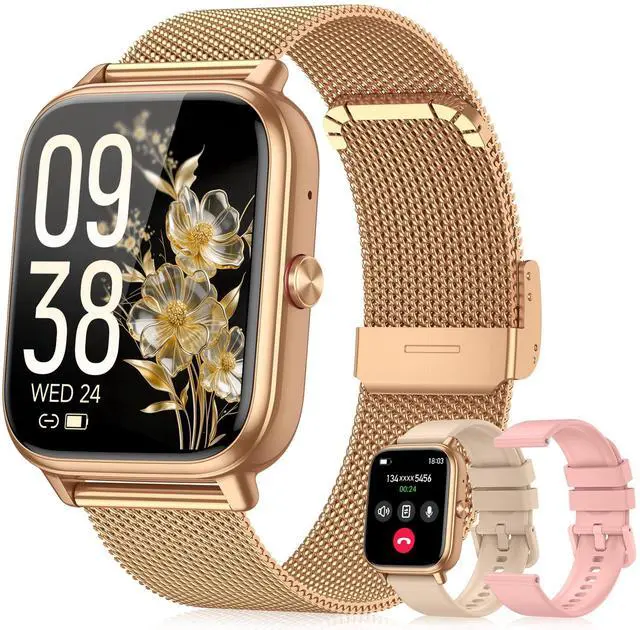Main image of Smart Watch for Women Men- 1000mAh Battery Answer/Make Call, Fitness Step Tracker Watch with Sleep Monitor/Activity Counter/110+ Sport Mode for Andriod iPhone iOS Compatible - 3 Straps, Golden