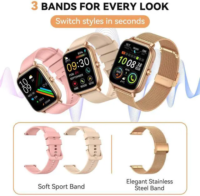 Alt view image 3 of 7 - Smart Watch for Women Men- 1000mAh Battery Answer/Make Call, Fitness Step Tracker Watch with Sleep Monitor/Activity Counter/110+ Sport Mode for Andriod iPhone iOS Compatible - 3 Straps, Golden