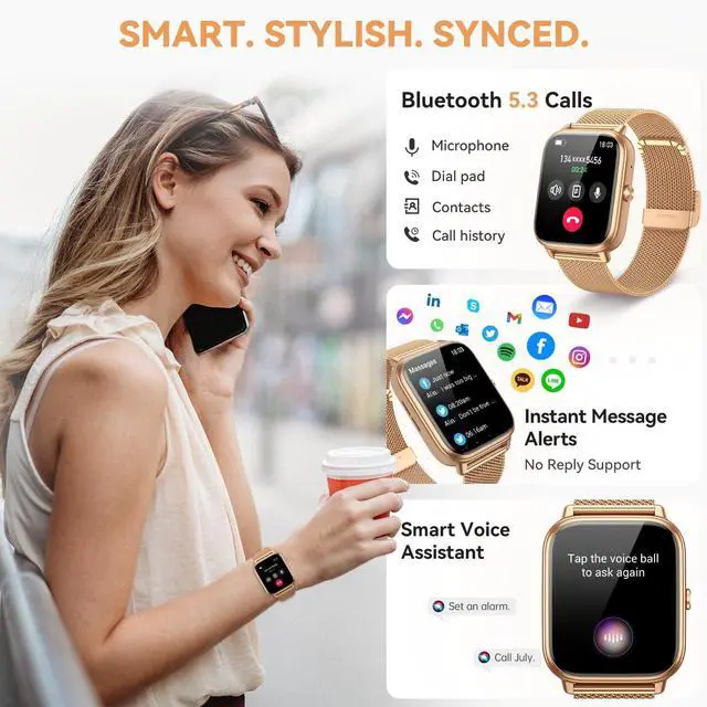 Alt view image 4 of 7 - Smart Watch for Women Men- 1000mAh Battery Answer/Make Call, Fitness Step Tracker Watch with Sleep Monitor/Activity Counter/110+ Sport Mode for Andriod iPhone iOS Compatible - 3 Straps, Golden