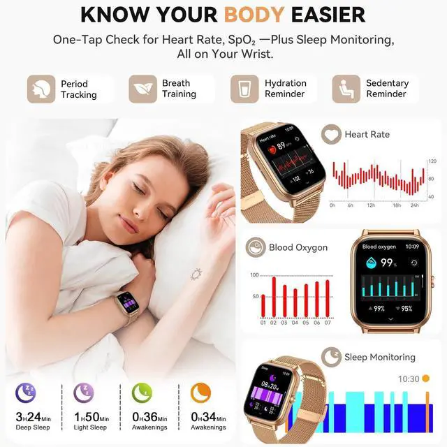 Alt view image 5 of 7 - Smart Watch for Women Men- 1000mAh Battery Answer/Make Call, Fitness Step Tracker Watch with Sleep Monitor/Activity Counter/110+ Sport Mode for Andriod iPhone iOS Compatible - 3 Straps, Golden