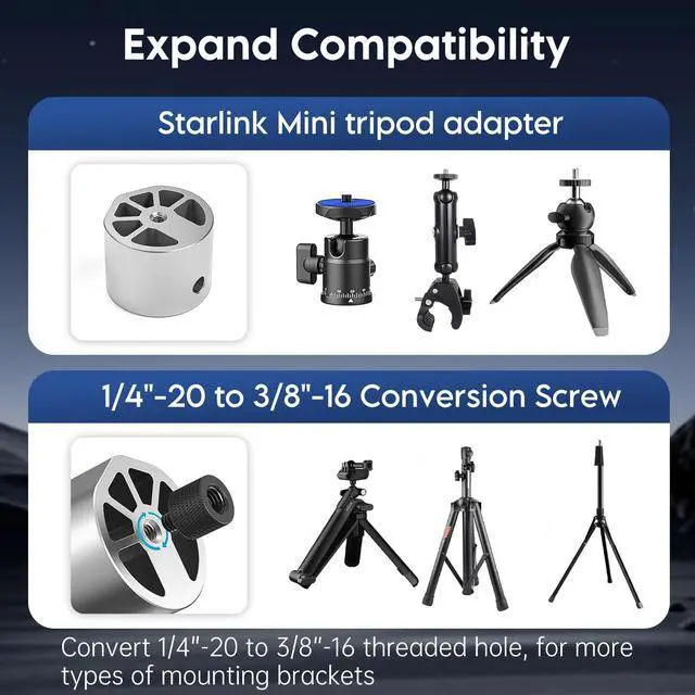 Alt view image 7 of 7 - ® Aluminum Tripod Mount Adapter for 2025 Starlink Mini & Mini X | Fits Starlink Mini & Mini X, 1/4"-20 & 3/8"-16 Threads, Flat & Pipe Mount Compatible, Durable Aluminum, Secure Setup
