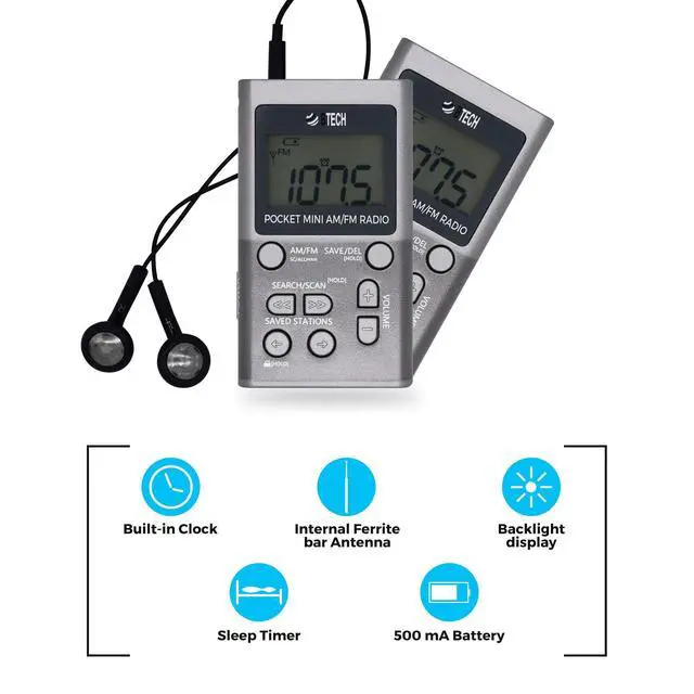 Alt view image 5 of 6 - MPR-AF1 AM FM Personal Radio with Two Types of Stereo Headphones, Clock, Great Reception and Long Battery Life, Mini Pocket Walkman Radio with Headphones (Silver)