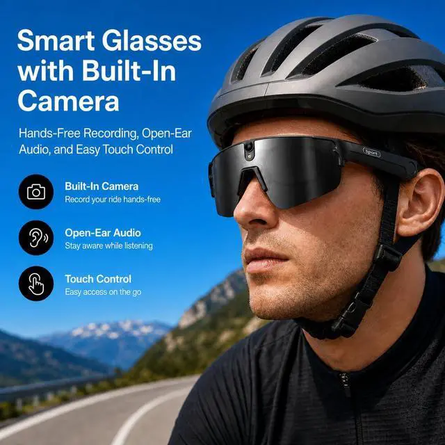 Alt view image 2 of 7 - AI Smart Glasses with Camera, 4K Photo Capture & HD Video Recording, Sport 8MP POV Camera Glasses for Cycling, 6-Axis EIS Stabilization, AI Voice Assistant, Translation, Men Women