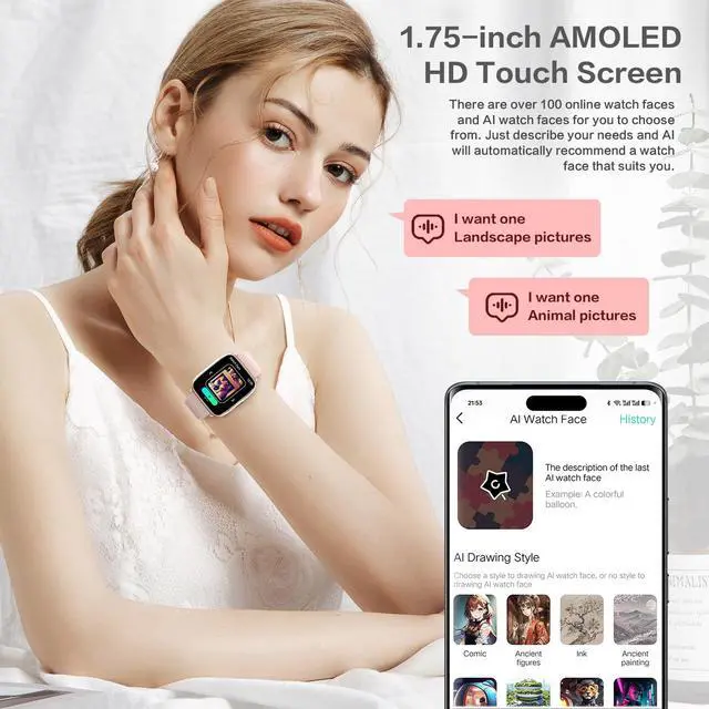 Alt view image 4 of 7 - Pink Smart Watch for Women, 1.75" AMOLED & Da GPT AI | Bluetooth Calls, 24/7 Heart Rate, Spo2 & Sleep Tracking. Ip68 Waterproof. Works with IOS/Android Via Da Fit App