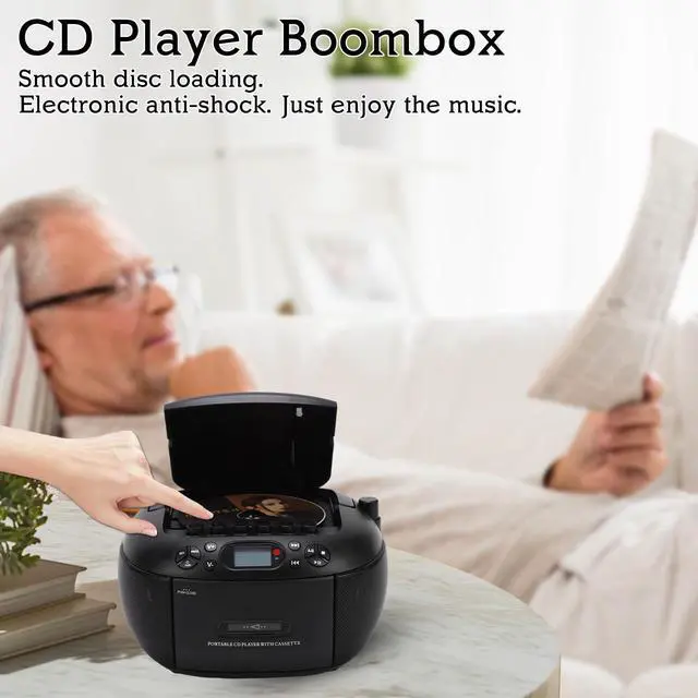 Alt view image 2 of 7 - Portable CD and Cassette Player Combo with Bluetooth, FM Radio, Remote Control, USB/AUX, Tape Recording, AC or D Battery Powered, LCD Display Ideal for Home, Seniors, Kids