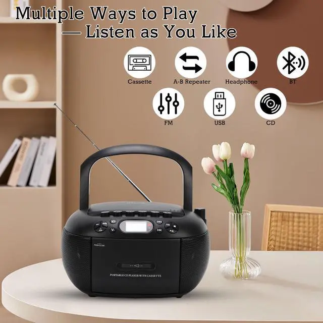 Alt view image 4 of 7 - Portable CD and Cassette Player Combo with Bluetooth, FM Radio, Remote Control, USB/AUX, Tape Recording, AC or D Battery Powered, LCD Display Ideal for Home, Seniors, Kids
