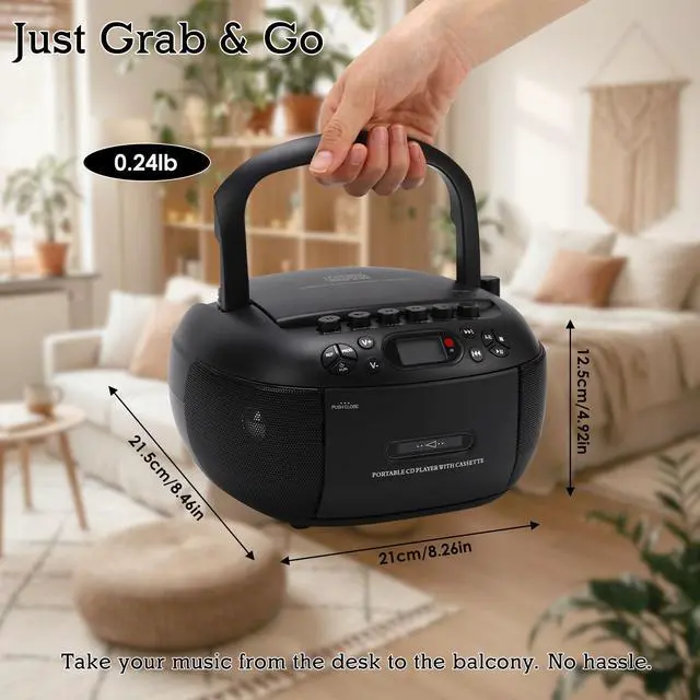 Alt view image 6 of 7 - Portable CD and Cassette Player Combo with Bluetooth, FM Radio, Remote Control, USB/AUX, Tape Recording, AC or D Battery Powered, LCD Display Ideal for Home, Seniors, Kids