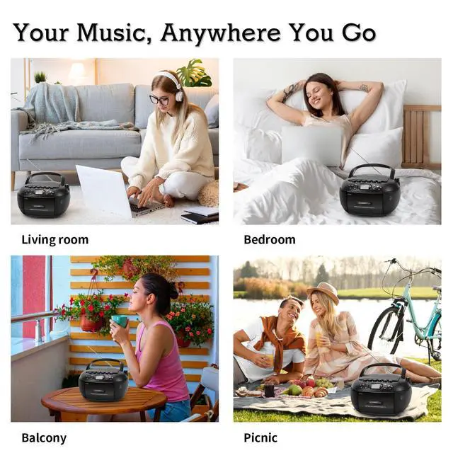 Alt view image 7 of 7 - Portable CD and Cassette Player Combo with Bluetooth, FM Radio, Remote Control, USB/AUX, Tape Recording, AC or D Battery Powered, LCD Display Ideal for Home, Seniors, Kids