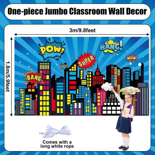 Alt view image 2 of 6 - Large Super Theme Hero Party Backdrop Decoration 10x6ft One-piece Inspirational Decor for Classroom Back to School Wall Mural Hero Theme Backdrop Motivational Bulletin Board Photo Booth Props Supplies