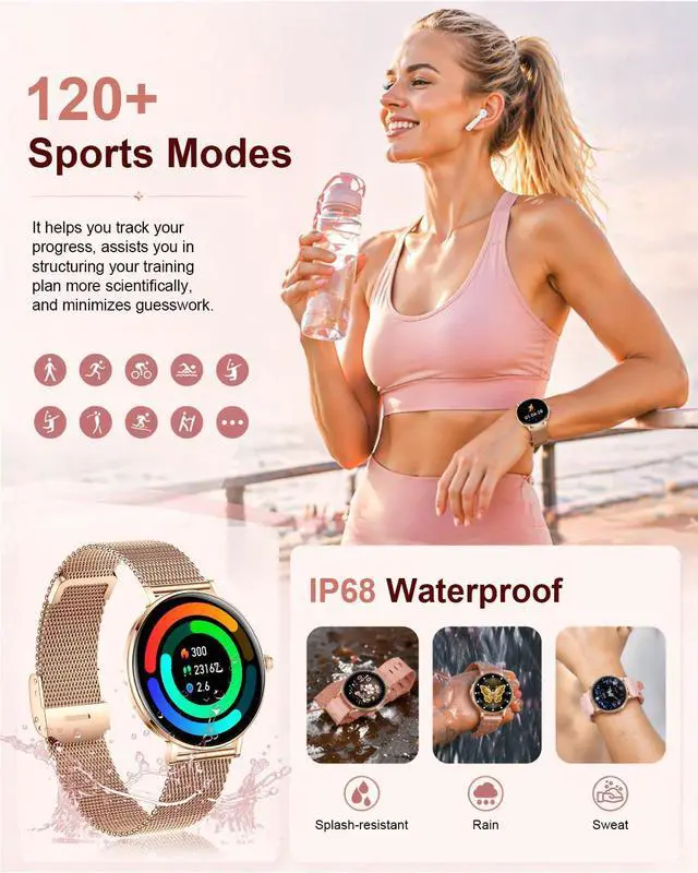 Alt view image 5 of 7 - Smart Watches for Women,1.32'' AMOLED Ultra-Thin Smart Watch with Bluetooth Make/Answer Call,Heart Rate/SpO2/Sleep Tracker,120+ Sport Modes IP68 Fitness Watch Android/iOS Compatible,4 Straps,Rose Gold