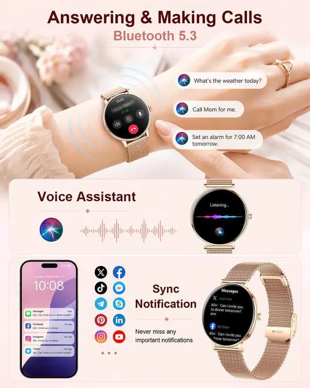Alt view image 3 of 7 - Smart Watches for Women,1.32'' AMOLED Ultra-Thin Smart Watch with Bluetooth Make/Answer Call,Heart Rate/SpO2/Sleep Tracker,120+ Sport Modes IP68 Fitness Watch Android/iOS Compatible,4 Straps,Rose Gold