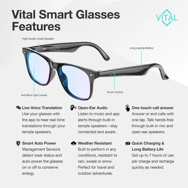 Alt view image 2 of 7 - Vital Smart Glasses for Men Women AI Translation Open-Ear Bluetooth 5.3 | 164-Language Translator in Phone App, UV400 Blue-Light Blocker, Voice-Assistant Eyewear, Open-Ear Audio AI Glasses