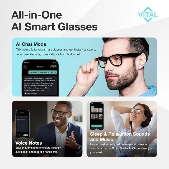 Alt view image 3 of 7 - Vital Smart Glasses for Men Women AI Translation Open-Ear Bluetooth 5.3 | 164-Language Translator in Phone App, UV400 Blue-Light Blocker, Voice-Assistant Eyewear, Open-Ear Audio AI Glasses
