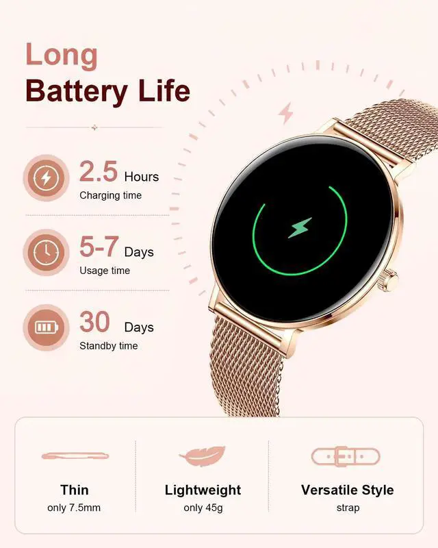 Alt view image 7 of 7 - Smart Watches for Women,1.32'' AMOLED Ultra-Thin Smart Watch with Bluetooth Make/Answer Call,Heart Rate/SpO2/Sleep Tracker,120+ Sport Modes IP68 Fitness Watch Android/iOS Compatible,4 Straps,Rose Gold