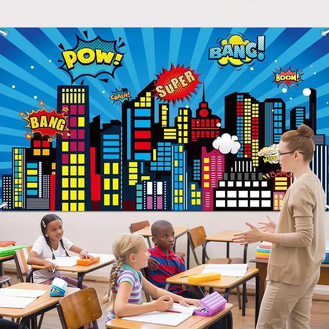 Alt view image 5 of 6 - Large Super Theme Hero Party Backdrop Decoration 10x6ft One-piece Inspirational Decor for Classroom Back to School Wall Mural Hero Theme Backdrop Motivational Bulletin Board Photo Booth Props Supplies
