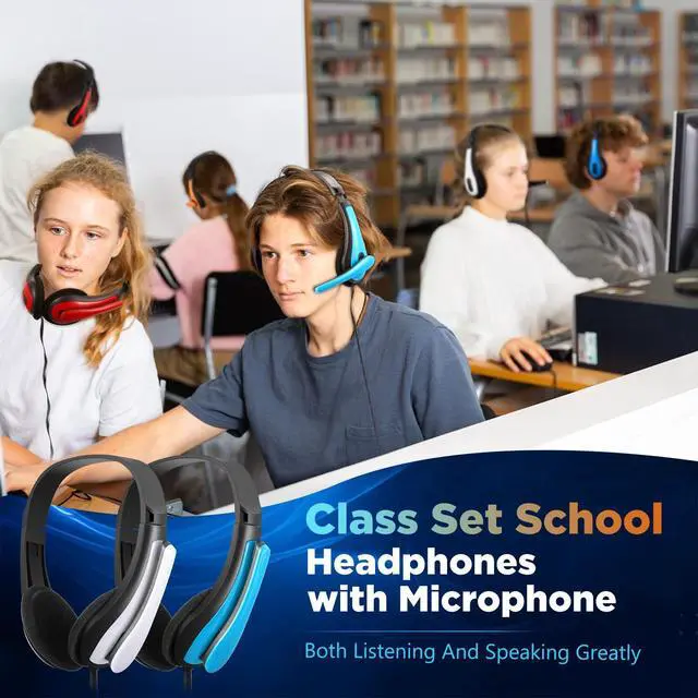 Alt view image 5 of 7 - 30 Pack Bulk Classroom Headphones with Microphone Students Wired School Class Set Headphones for School Library Computer Office Adults 3.5 Jack Universal Plug (Red Blue)