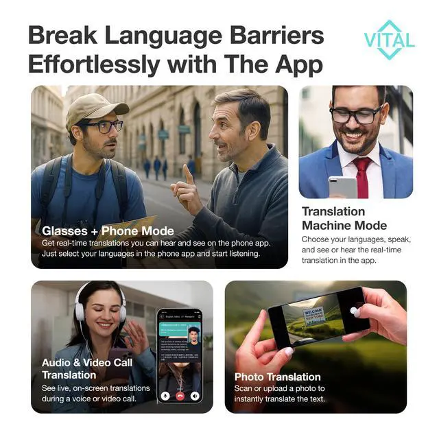 Alt view image 4 of 7 - Vital Smart Glasses for Men Women AI Translation Open-Ear Bluetooth 5.3 | 164-Language Translator in Phone App, UV400 Blue-Light Blocker, Voice-Assistant Eyewear, Open-Ear Audio AI Glasses