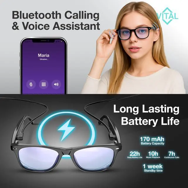 Alt view image 6 of 7 - Vital Smart Glasses for Men Women AI Translation Open-Ear Bluetooth 5.3 | 164-Language Translator in Phone App, UV400 Blue-Light Blocker, Voice-Assistant Eyewear, Open-Ear Audio AI Glasses