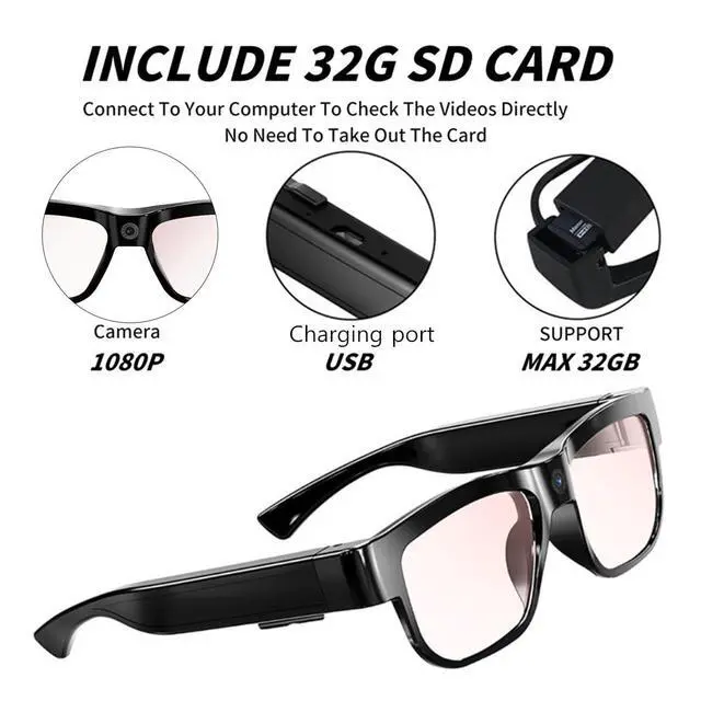 Alt view image 2 of 7 - Camera Glasses Smart Video Glasses with Camera Wearable Sports Eye Glasses Outdoor Recording Motorcycle Riding Hiking Built-in 32G Memory