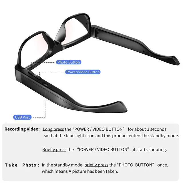 Alt view image 3 of 7 - Camera Glasses Smart Video Glasses with Camera Wearable Sports Eye Glasses Outdoor Recording Motorcycle Riding Hiking Built-in 32G Memory