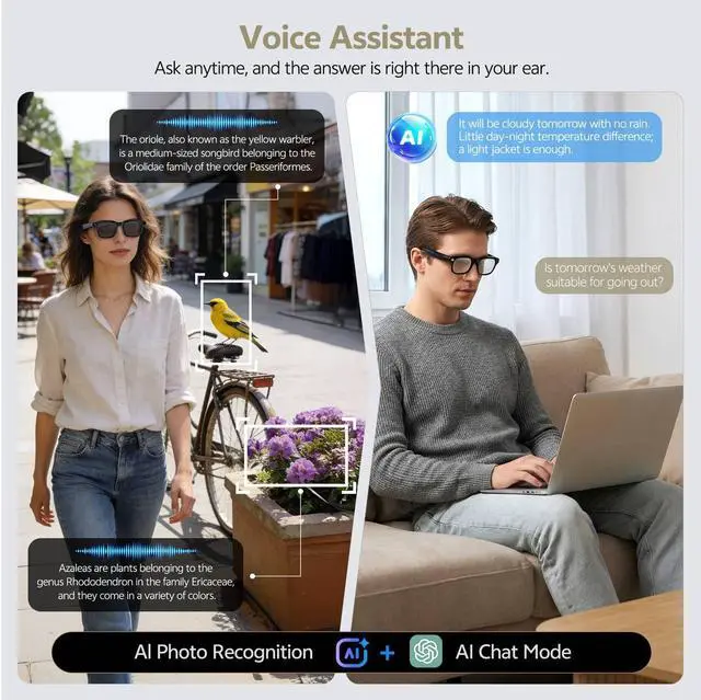 Alt view image 3 of 7 - AI Smart Glasses with 13MP Camera, Bluetooth Audio, Voice Control and Real-Time Translation, Open-Ear Smart Eyewear for Travel, Work and Daily Use