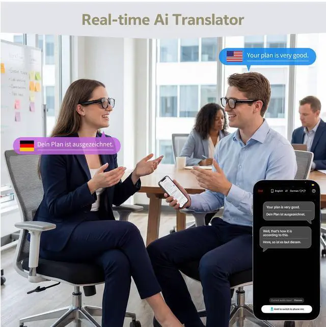 Alt view image 6 of 7 - AI Smart Glasses with 13MP Camera, Bluetooth Audio, Voice Control and Real-Time Translation, Open-Ear Smart Eyewear for Travel, Work and Daily Use