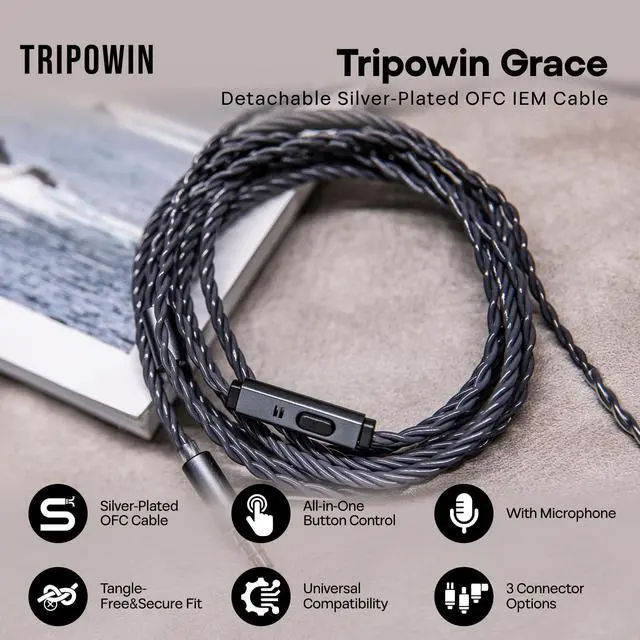 Alt view image 2 of 7 - Tripowin Grace Silver-Plated OFC in Ear Earphone Cable w/Mic | 1.25m Length, 3.5mm Audio Plug for Audiophile Replacement Cable, 2Pin
