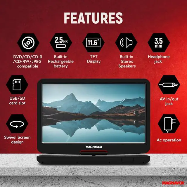 Alt view image 2 of 7 - MTFT754 Portable 11.6 Inch TFT Swivel Screen DVD/CD Player in Black | Rechargeable Battery | Swivel Screen Design | Great for Road Trips | Headphone Jack