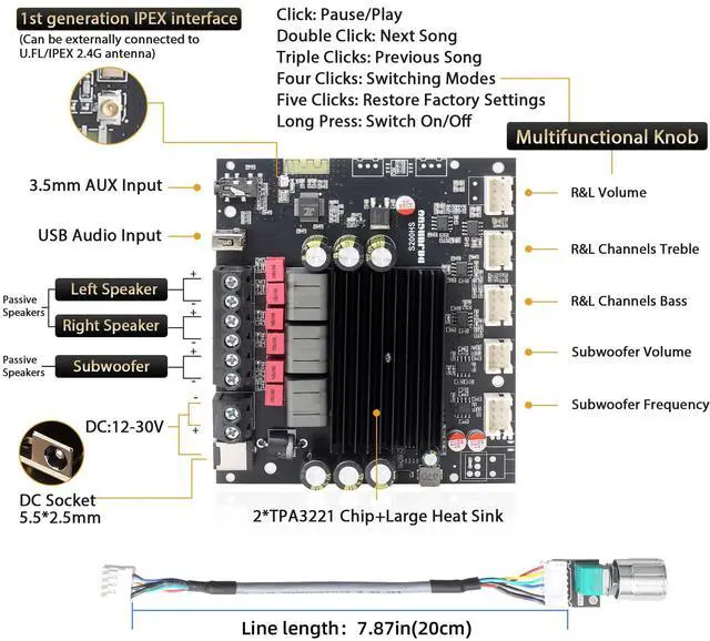 Alt view image 2 of 6 - 100W+100W+200W Power Amplifier Board, TPA3221 Chip with BluetoothAUX and USB Inputs, 2.1 Channel Audio Power Amplifier (S200HS-W)