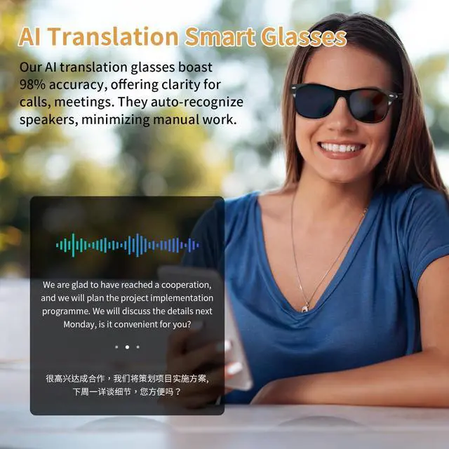 Alt view image 6 of 7 - AI Smart Glasses for Men Women - UV Protection Smart Sunglasses | Real-Time Translation Bluetooth Glasses with 169 Languages, Open-Ear Design, Hands-Free Calls Touch Control Travel Business
