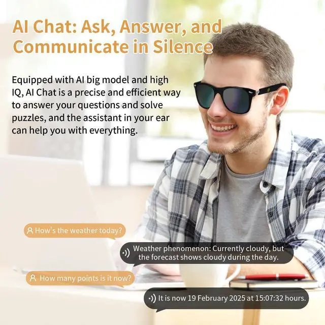 Alt view image 7 of 7 - AI Smart Glasses for Men Women - UV Protection Smart Sunglasses | Real-Time Translation Bluetooth Glasses with 169 Languages, Open-Ear Design, Hands-Free Calls Touch Control Travel Business